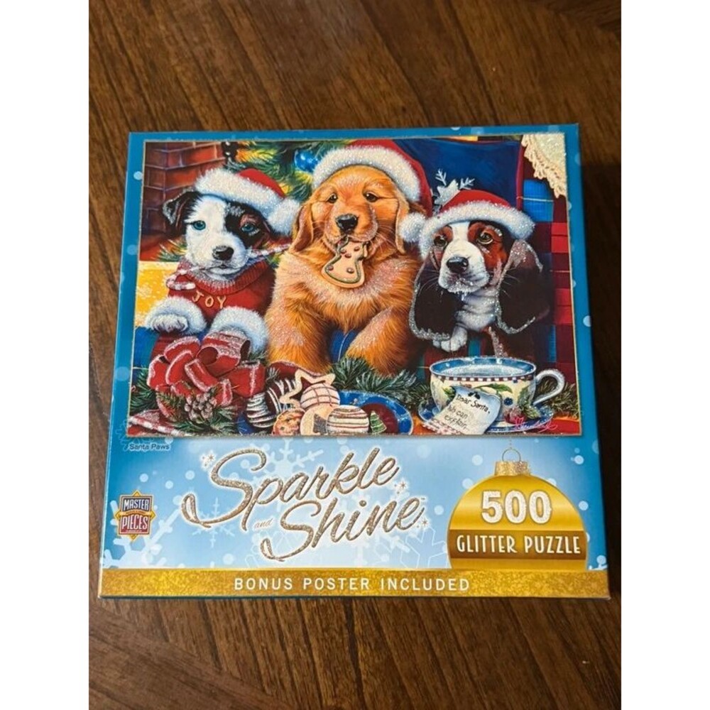 New Sparkle Shine Santa Paws 500 piece Christmas Puppies Glitter Puzzle & poster